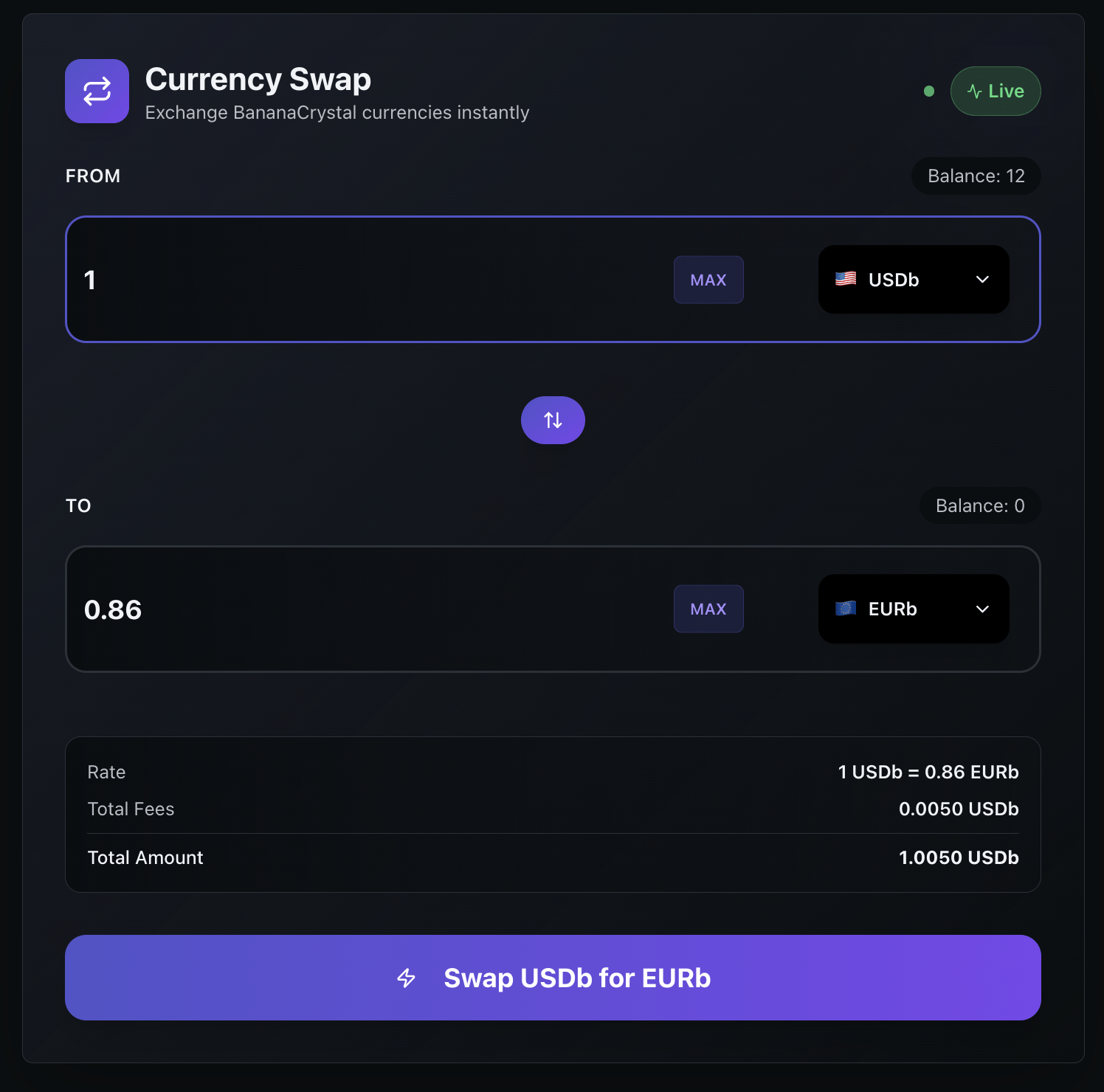 BananaCrystal currency swap interface